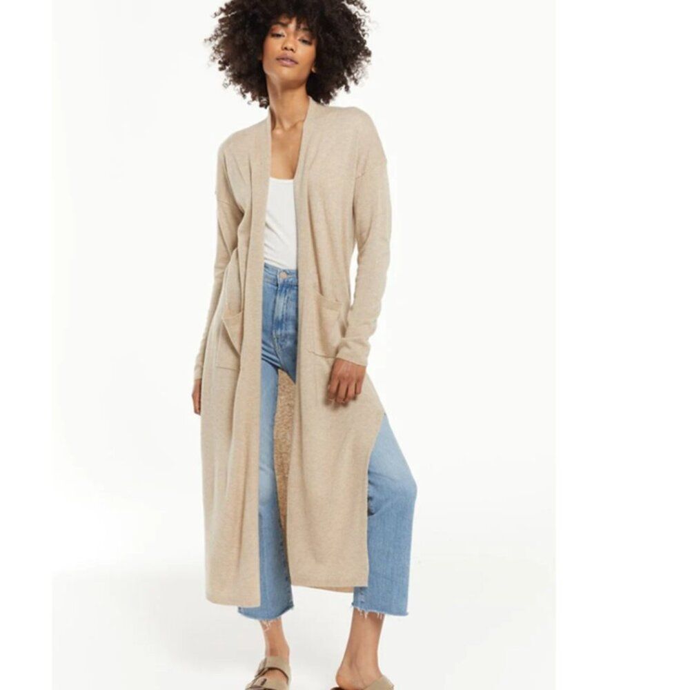 For Thee Beige Long Knit Cardigan with Pockets and Side‎ Slits - Size M - NWT